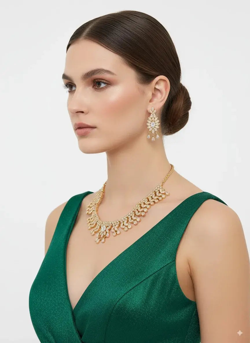 cz designer necklace set with statement earrings worn with a green outfit, showcasing elegance and charm.