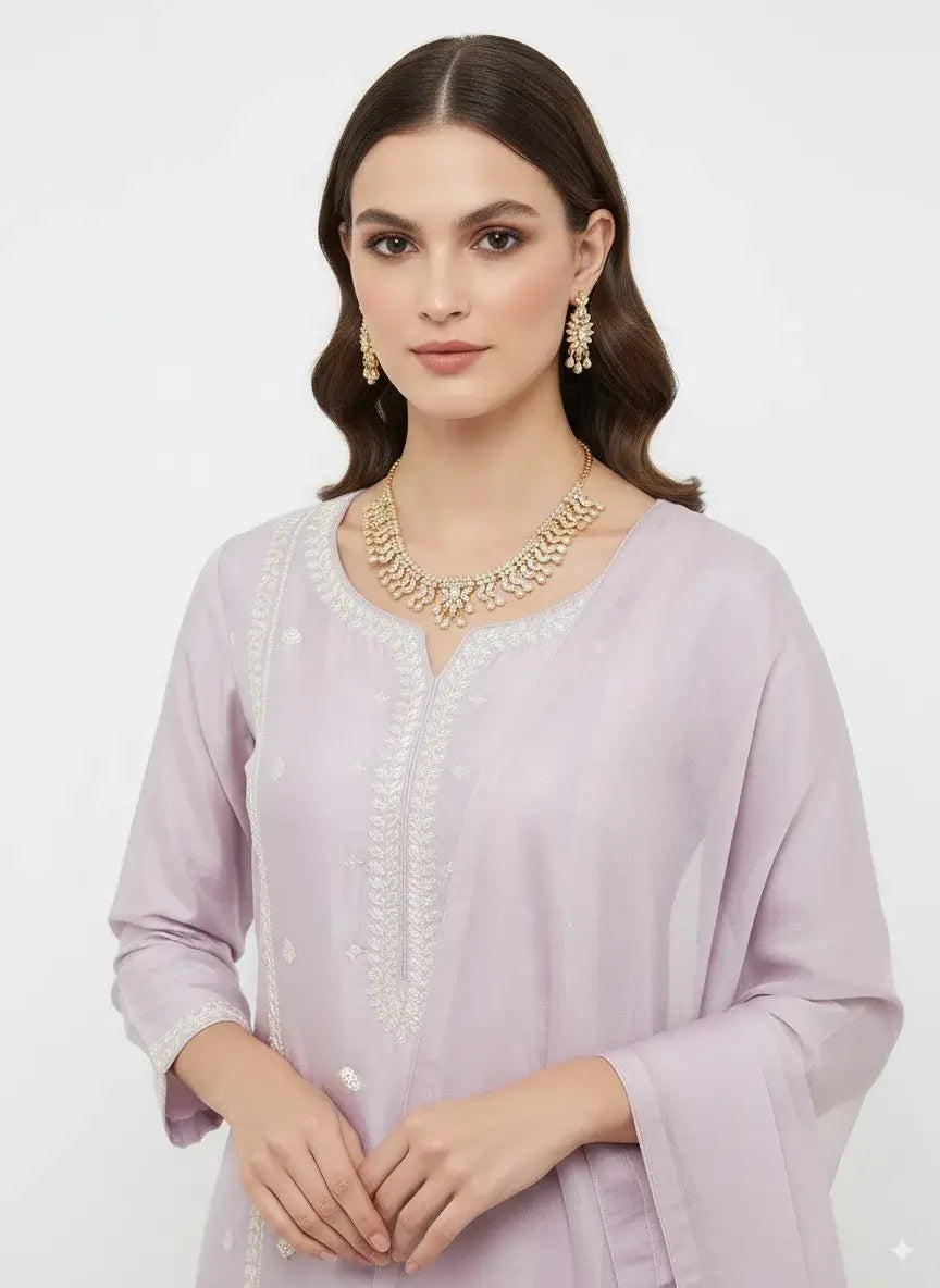 model wearing cz designer necklace set with statement earrings, showcasing a chic look with ethnic attire.