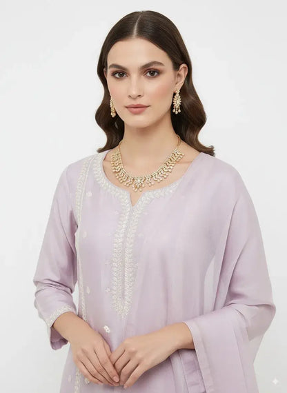 Model wearing CZ Designer Necklace Set with Statement Earrings, showcasing a chic look with ethnic attire.