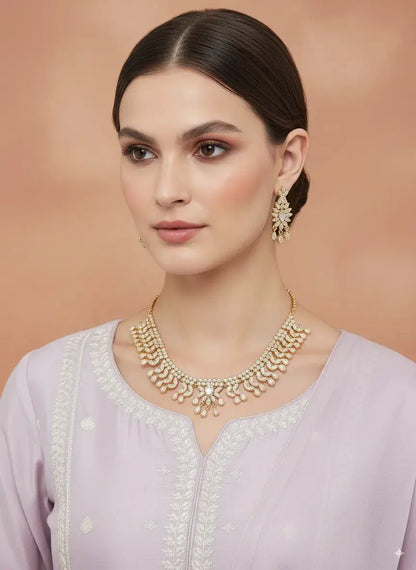 CZ Designer Necklace Set with Statement Earrings worn by model showcasing elegant style.