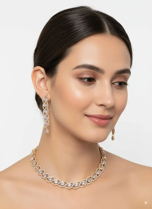 Elegant CZ Diamond Choker Necklace Set with Earrings worn by a model showcasing its shimmer and intricate design.