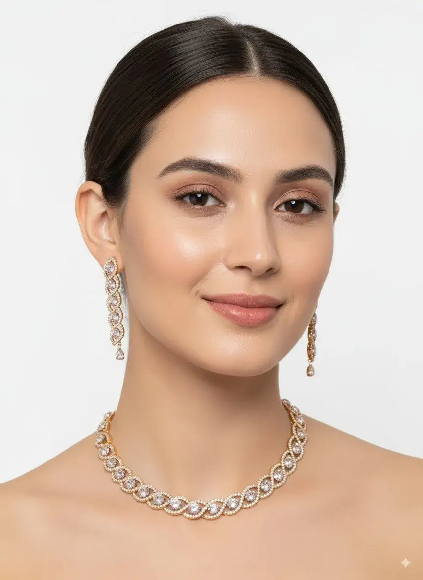 elegant cz diamond choker necklace set with earrings worn by model showcasing intricate design and shimmer.