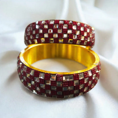 Red Checkered Stone Work Designer Bangles – Premium Ethnic Partywear, red checkered designer bangles with gold accents.