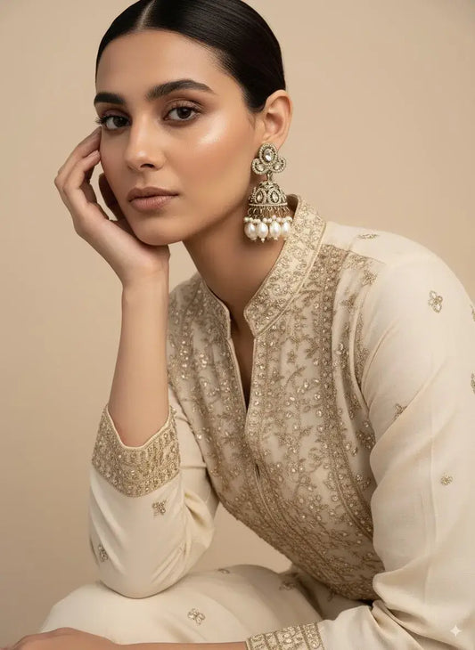 Antique Gold Plated Jhumka Earrings with Pearls worn by a model in an elegant traditional outfit.