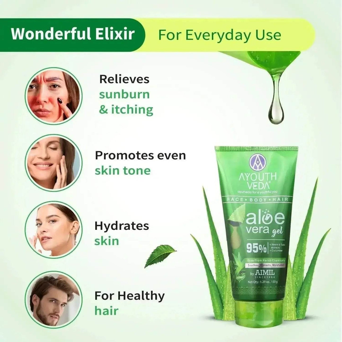 ayouthveda aloe vera gel – multipurpose hydrating gel for face, body & hair | non-greasy formula with neem, tulsi & cucumber | soothes sunburn & evens skin tone | 100g