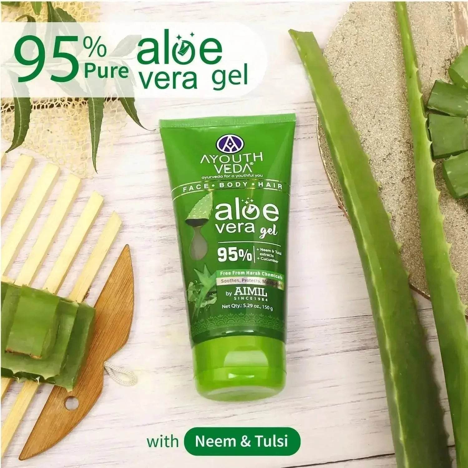 Ayouthveda Aloe Vera Gel – Multipurpose Hydrating Gel for Face, Body & Hair | Non-Greasy Formula with Neem, Tulsi & Cucumber | Soothes Sunburn & Evens Skin Tone | 100g