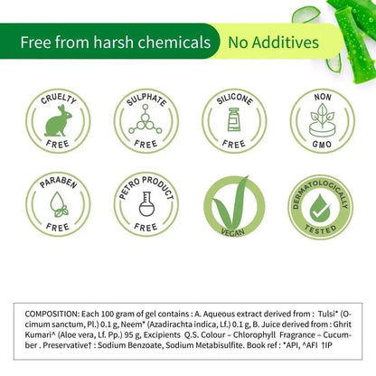 Ayouthveda Aloe Vera Gel – Multipurpose Hydrating Gel for Face, Body & Hair | Non-Greasy Formula with Neem, Tulsi & Cucumber | Soothes Sunburn & Evens Skin Tone | 100g