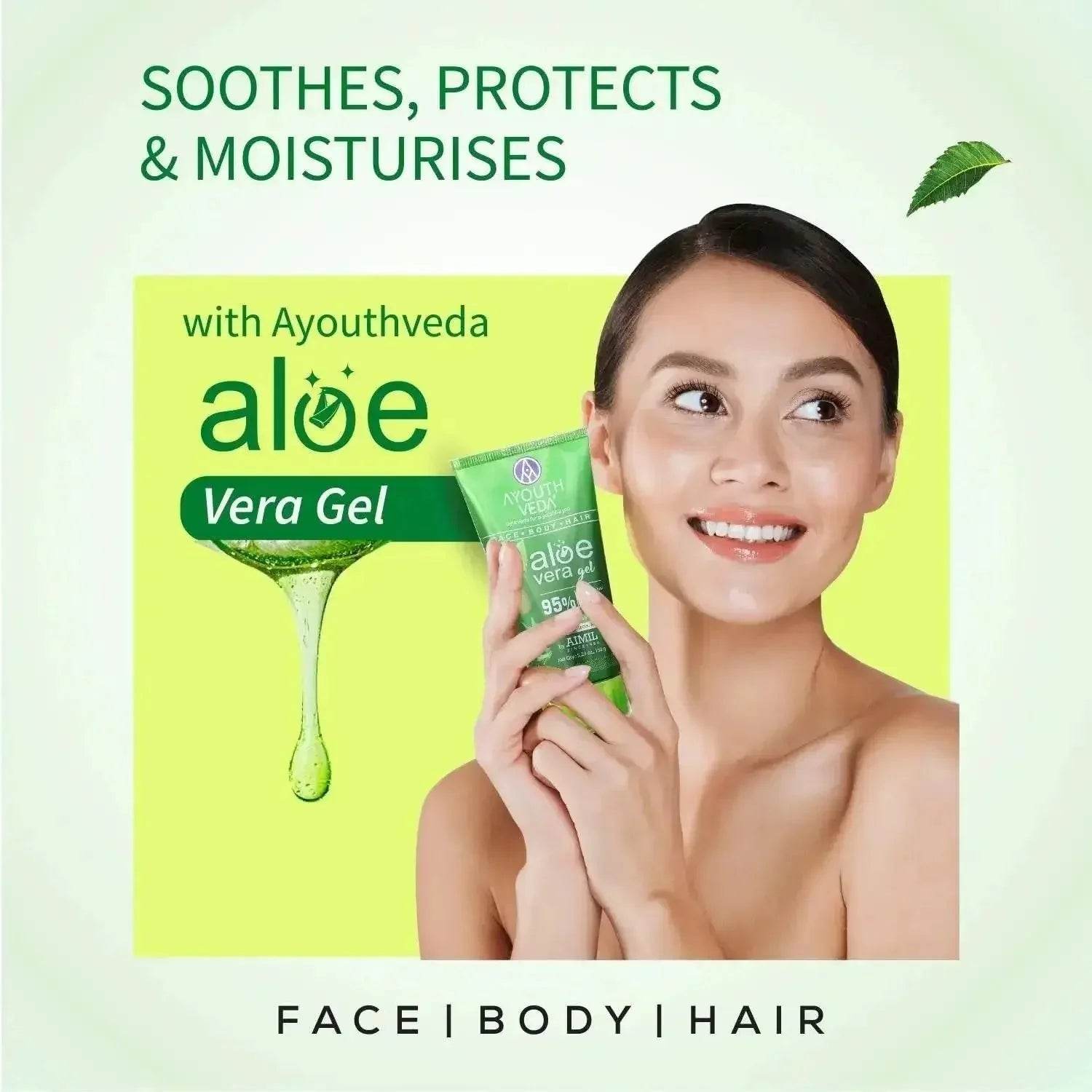 Ayouthveda Aloe Vera Gel – Multipurpose Hydrating Gel for Face, Body & Hair | Non-Greasy Formula with Neem, Tulsi & Cucumber | Soothes Sunburn & Evens Skin Tone | 100g
