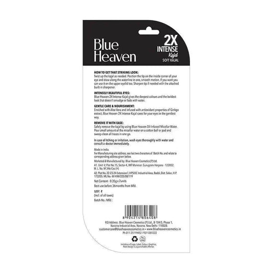 Blue Heaven 2X Intense Kajal | Black Shock | 24Hr Stay | Smudge-Proof & Long-Lasting | Enriched with Aloe Vera | 0.30g