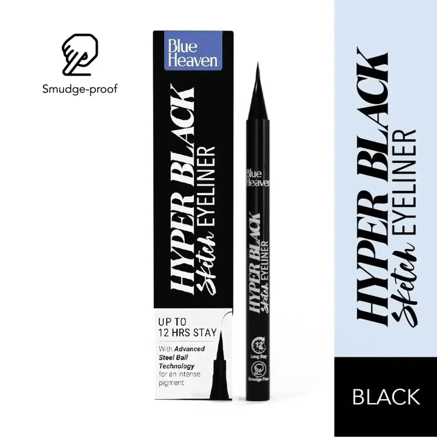 Blue Heaven Hyper Black Sketch Eyeliner Pen – 12hr Stay, Matte Finish, Waterproof & Smudge-Proof, One-Stroke, Advanced Steel Ball Technology