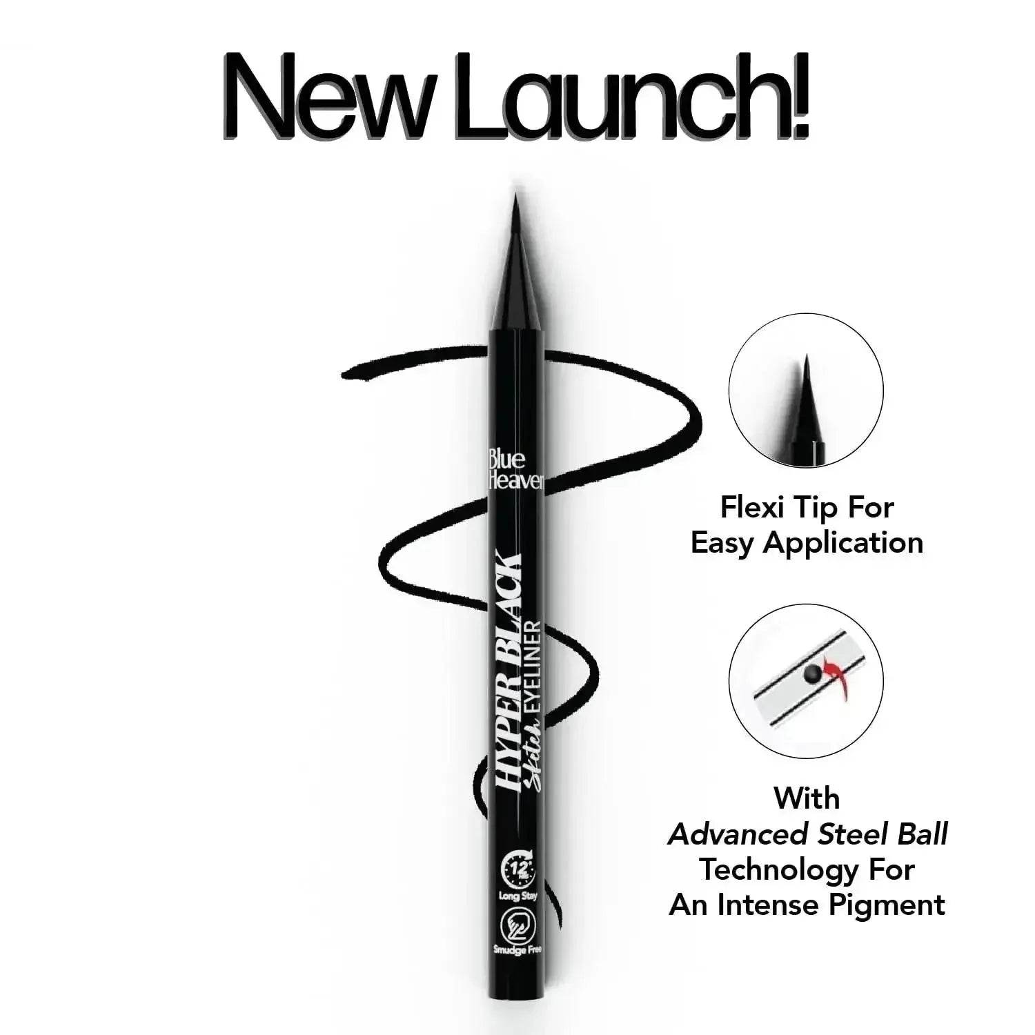Blue Heaven Hyper Black Sketch Eyeliner Pen – 12hr Stay, Matte Finish, Waterproof & Smudge-Proof, One-Stroke, Advanced Steel Ball Technology
