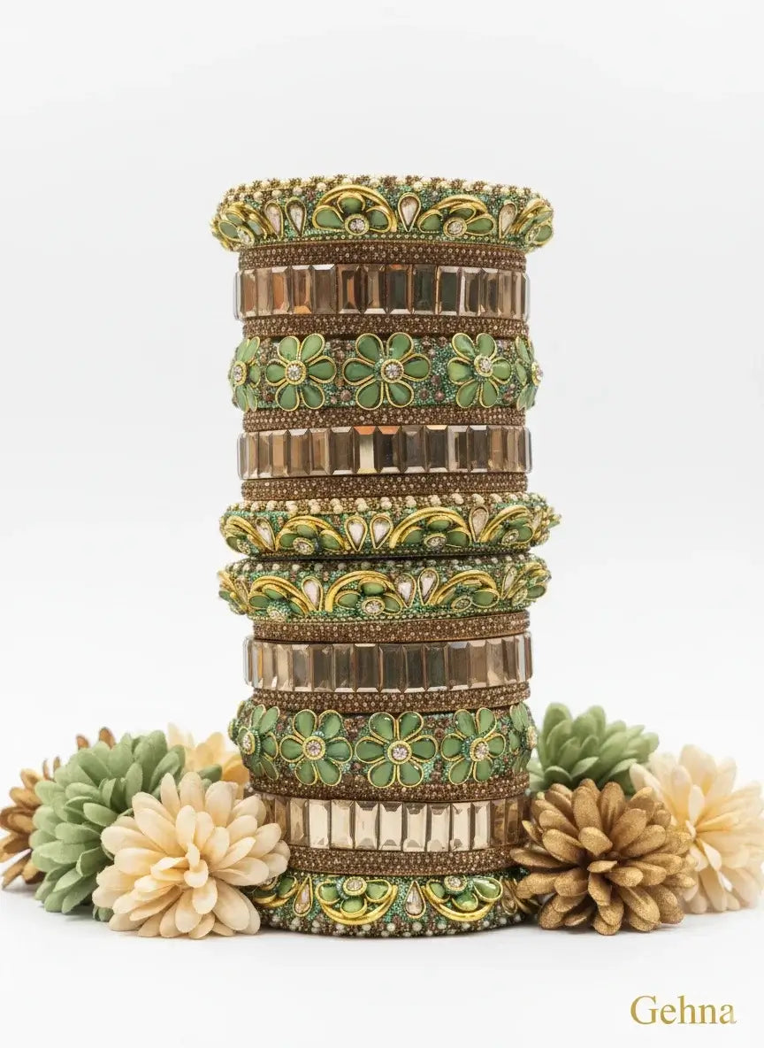 green floral designer stone bangles set – traditional bridal & party wear in green and gold with floral motifs