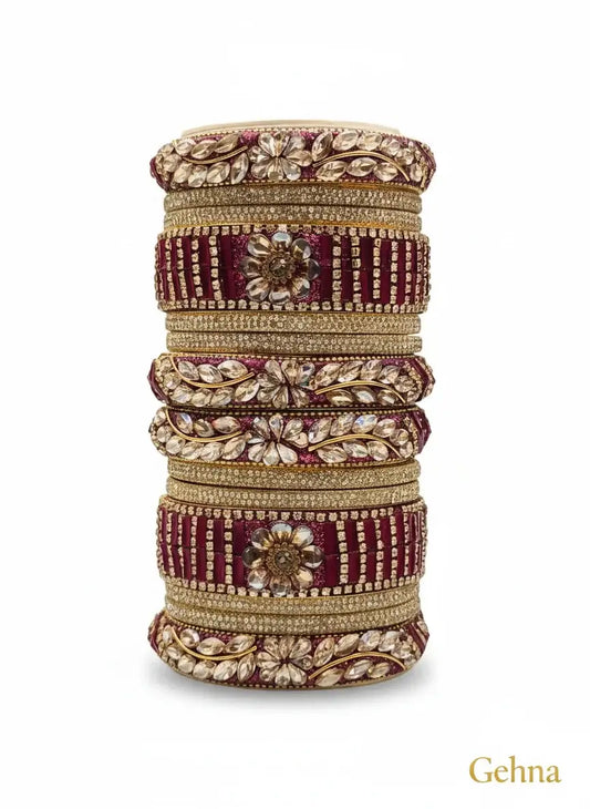 Maroon Golden Floral Stone Bangles Set – Bridal & Traditional Party Jewelry showcased in elegant stack.
