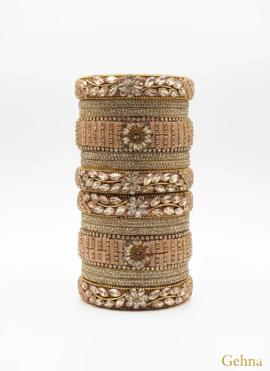 tylish Gold Plated Imitation Bangles Online | Gehna Jewellery stacked elegantly displaying intricate designs.
