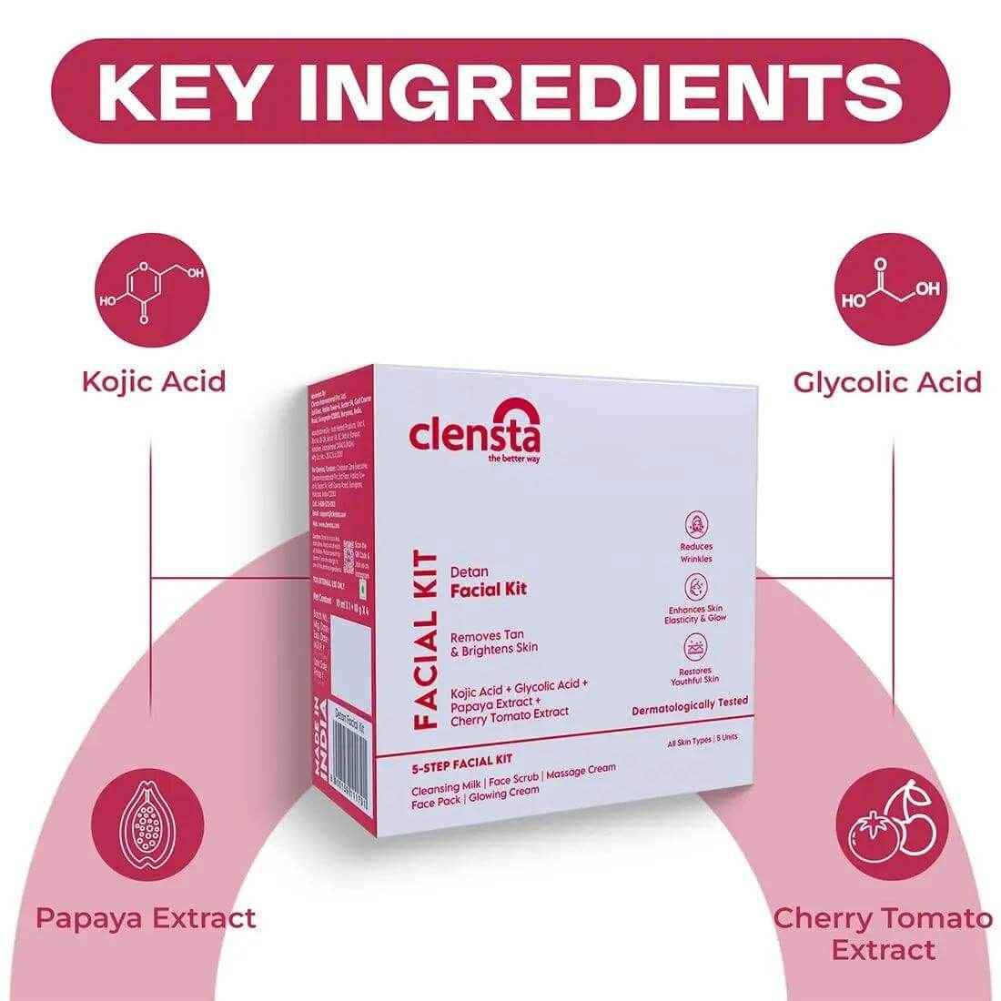 clensta detan facial kit with kojic acid & papaya extract | tan removal & brightening | pack of 10x5gm