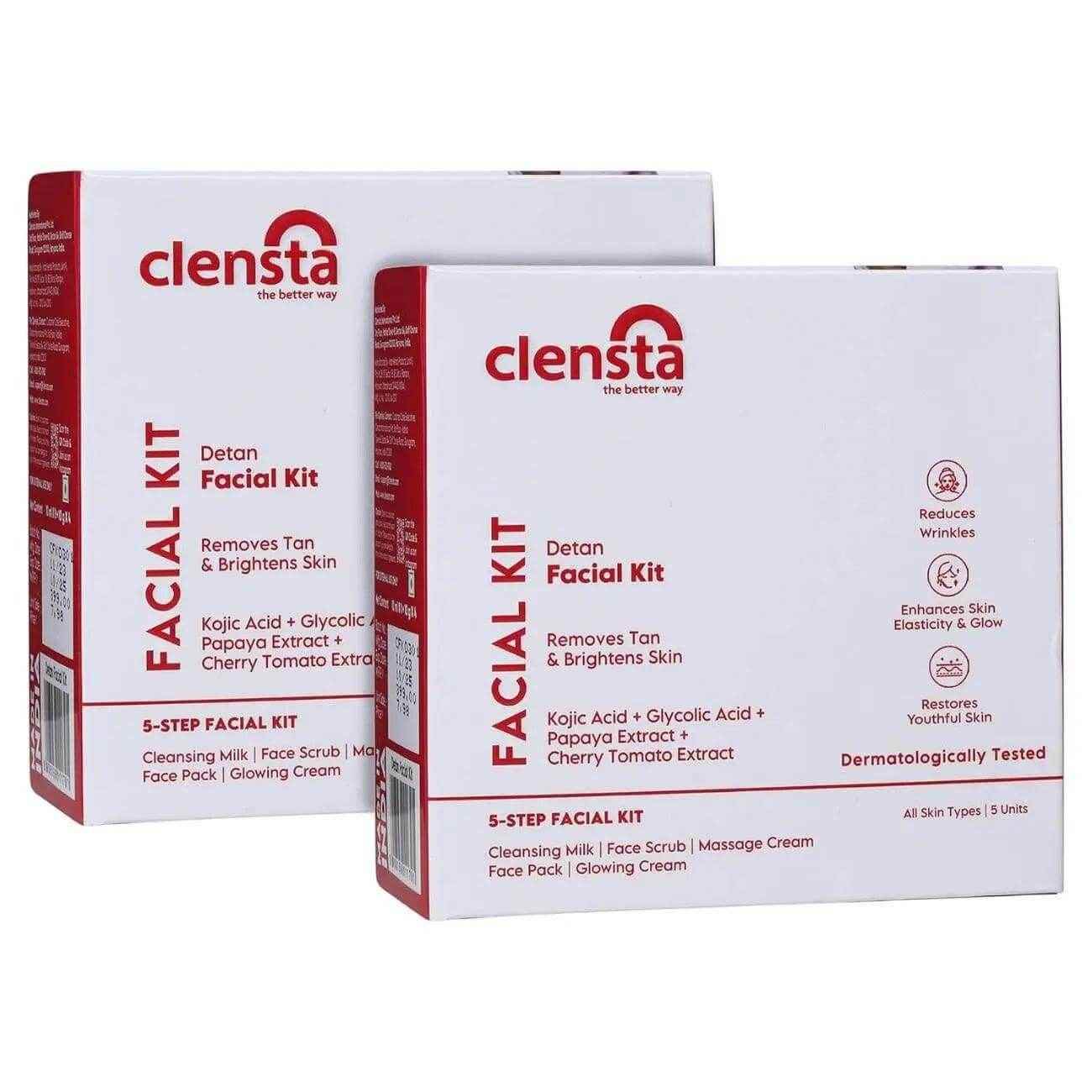 Clensta DETAN Facial Kit with Kojic Acid & Papaya Extract | Tan Removal & Brightening | Pack of 10x5gm