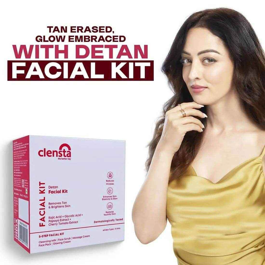 Clensta DETAN Facial Kit with Kojic Acid & Papaya Extract | Tan Removal & Brightening | Pack of 10x5gm