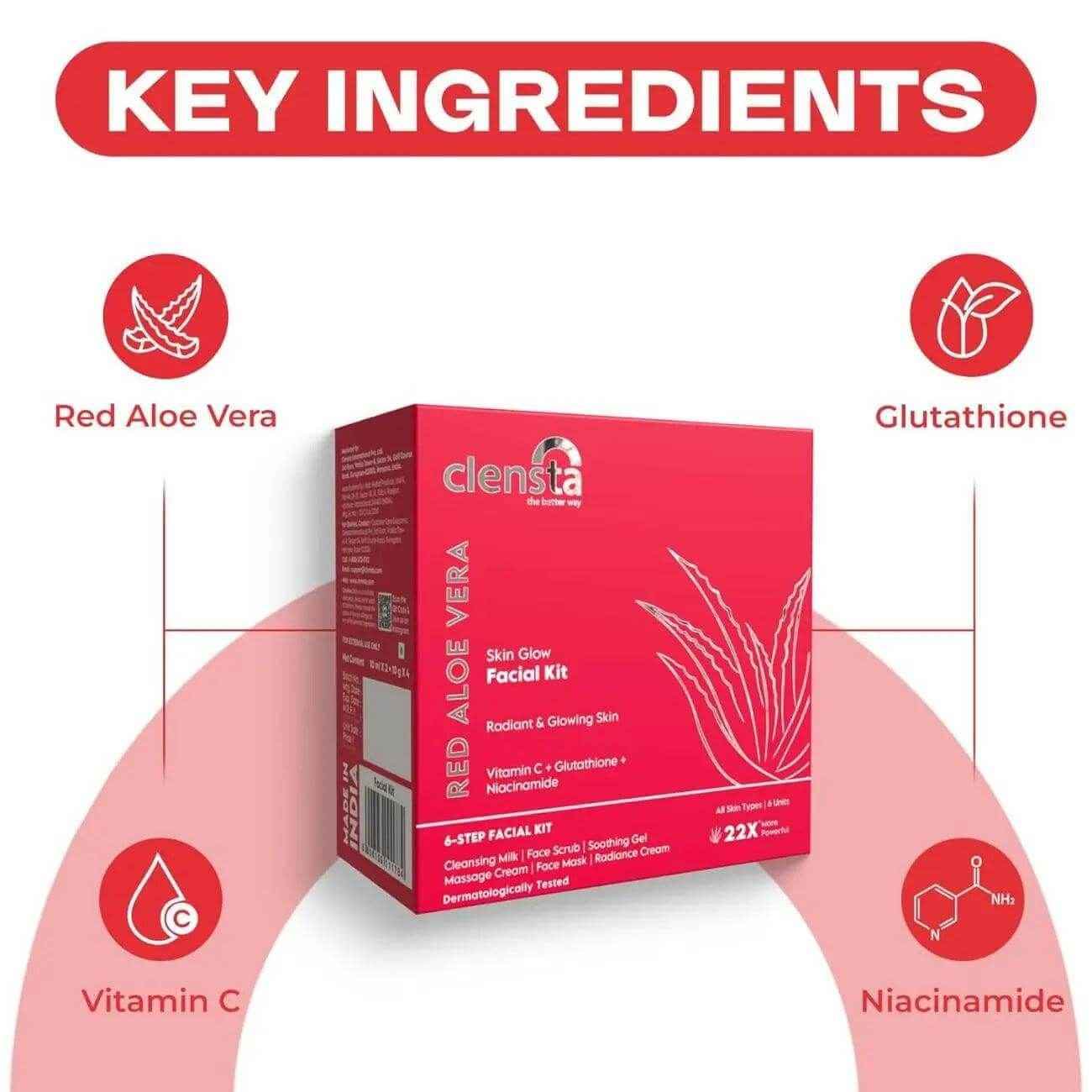Clensta Red Aloe Vera Skin Glow Facial Kit with Vitamin C & Niacinamide | 10x6gm Pack