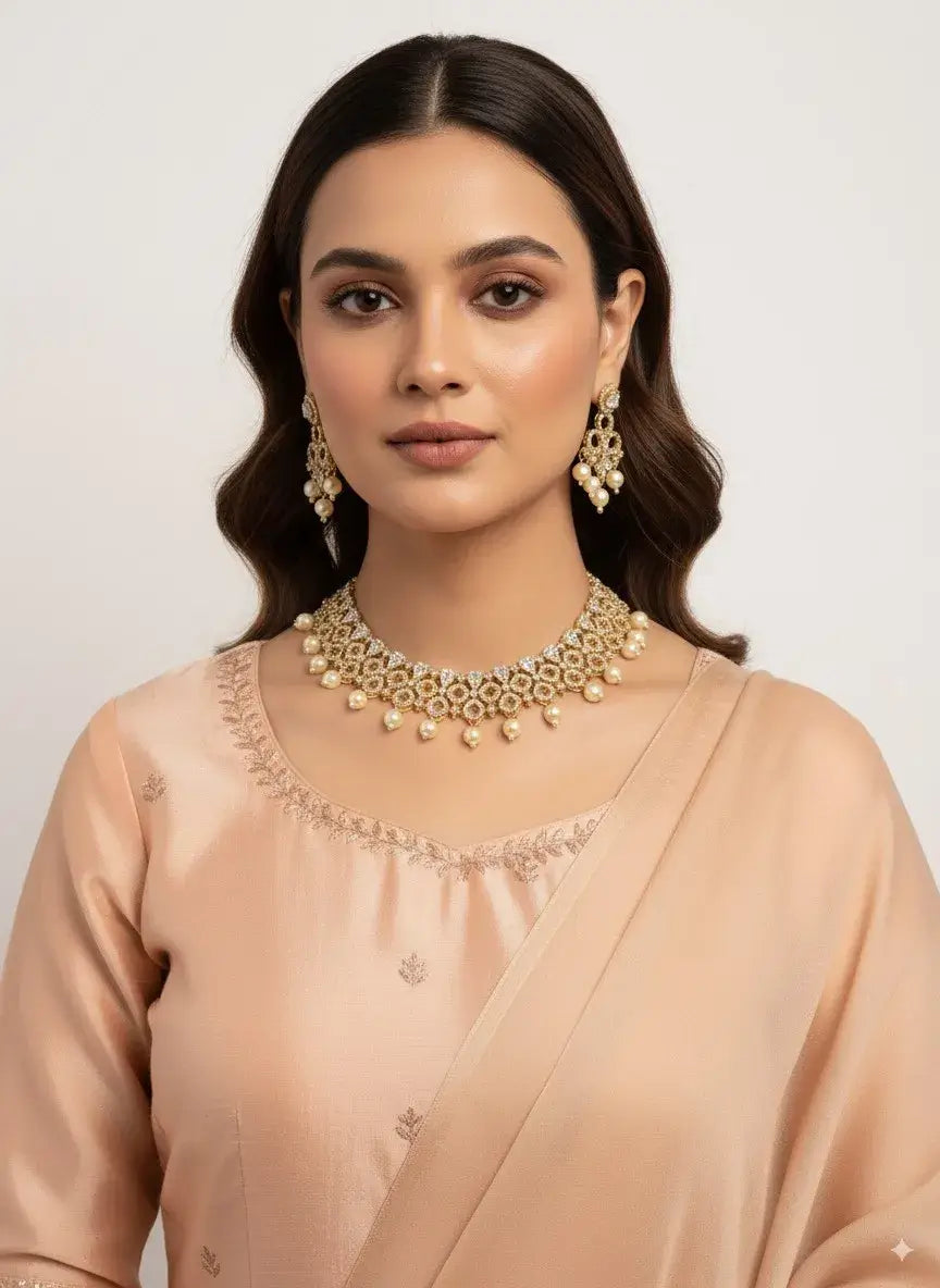 CZ Pearl Drop Choker Necklace Set with Earrings worn by model in elegant attire, showcasing its dazzling design.