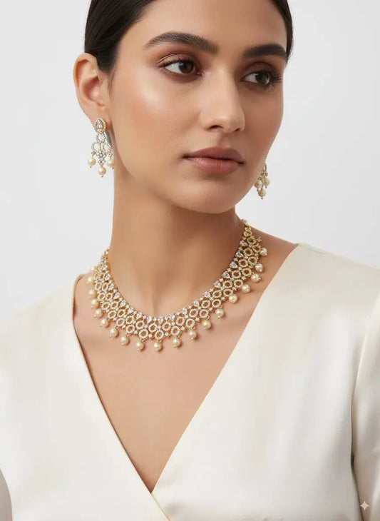 CZ Pearl Drop Choker Necklace Set with Earrings model wearing elegant jewelry with pearl details and chandelier earrings.