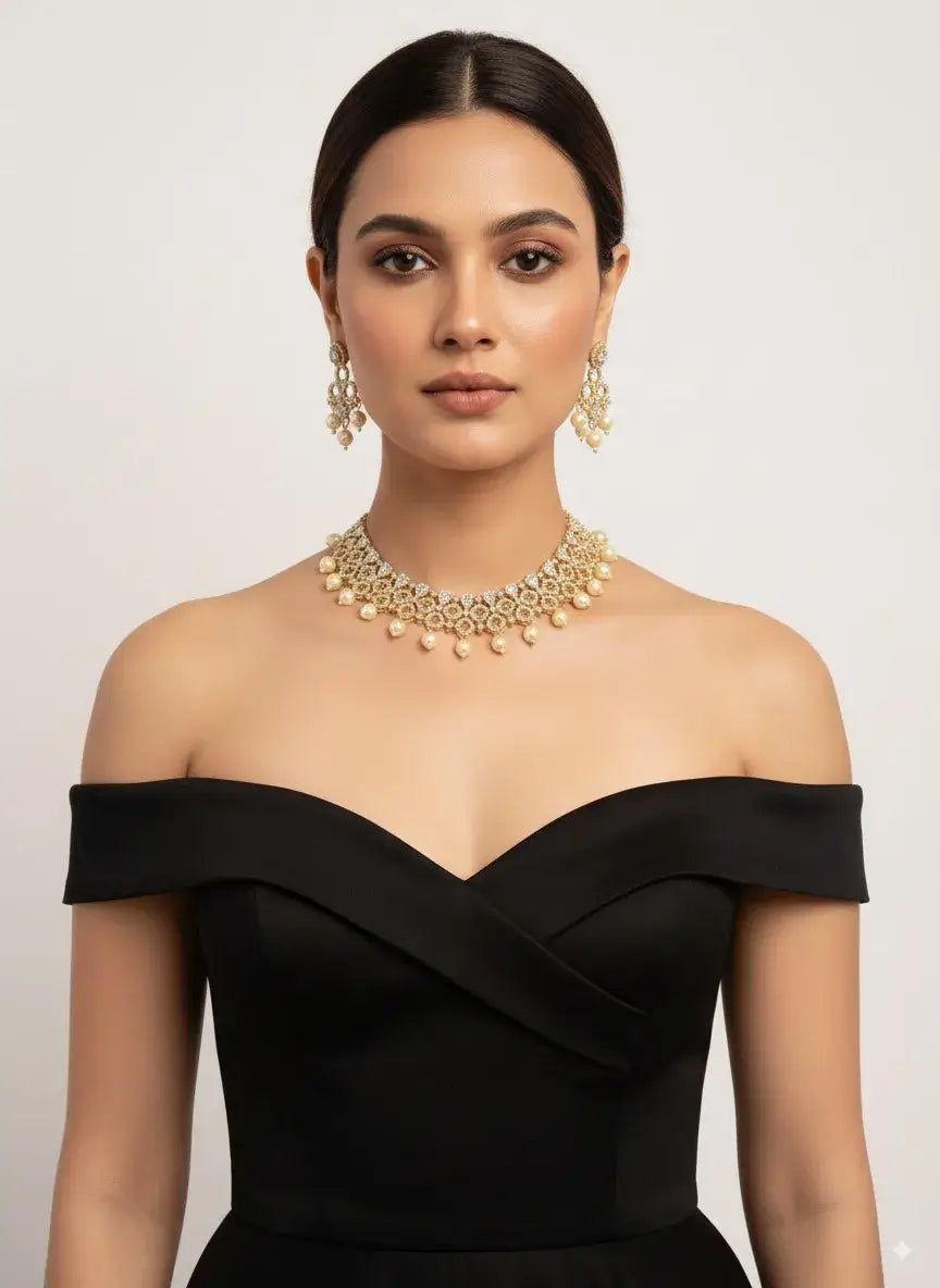 CZ Pearl Drop Choker Necklace Set with Earrings worn by a model in an off-shoulder black dress for elegant occasions.