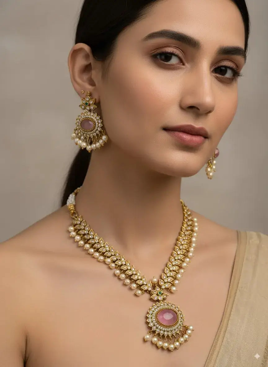 pink stone pearl kundan necklace set with earrings worn by a model, showcasing elegant design and styling.