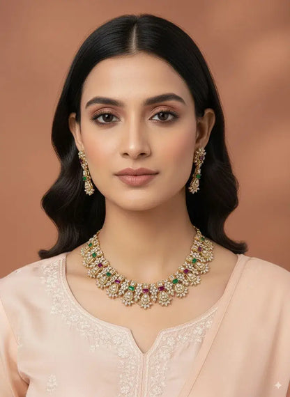 Multicolor CZ Floral Necklace Set with Earrings worn by a model, featuring vibrant CZ stones and floral motifs.
