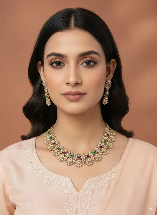 Multicolor CZ Floral Necklace Set with Earrings worn by a model, featuring vibrant CZ stones and floral motifs.