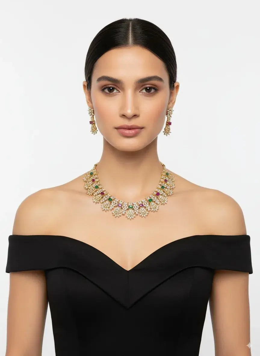 multicolor cz floral necklace set with earrings worn by a model showcasing its floral design.