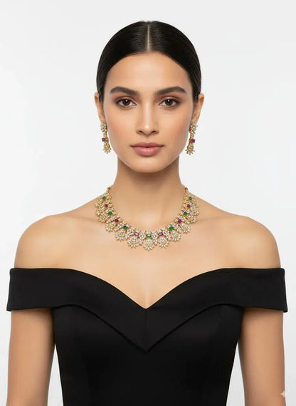 Multicolor CZ Floral Necklace Set with Earrings worn by a model showcasing its floral design.