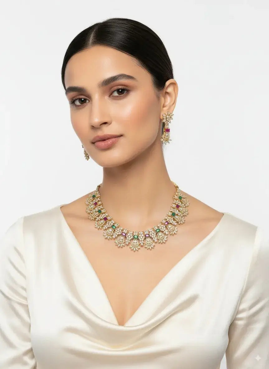 multicolor cz floral necklace set with earrings worn by model showcasing its vibrant design and elegance.