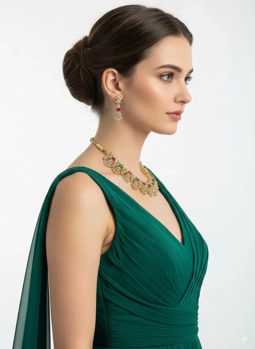 model wearing a multicolor cz floral necklace set with earrings, showcasing intricate floral designs and colorful accents.