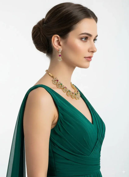 Model wearing a Multicolor CZ Floral Necklace Set with Earrings, showcasing intricate floral designs and colorful accents.