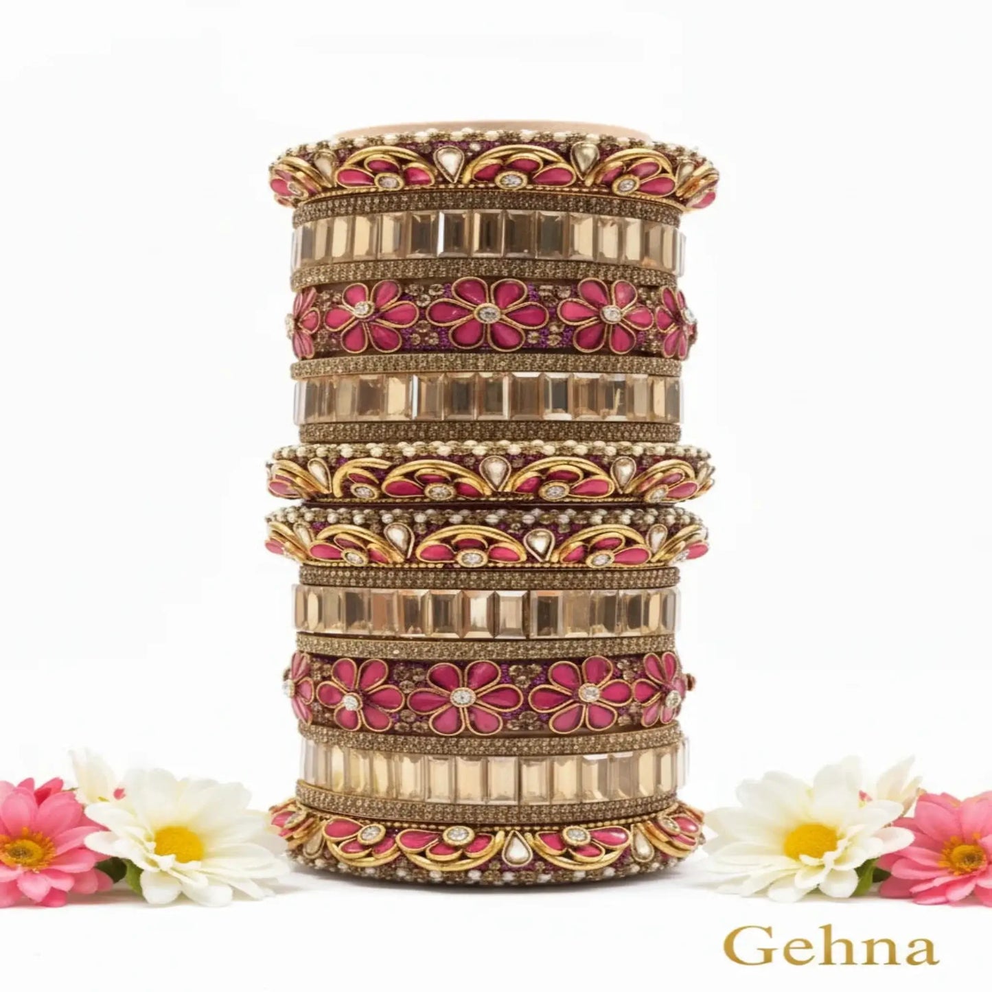 dark pink & gold bridal floral bangles – premium ethnic jewellery set displayed with vibrant floral motifs.