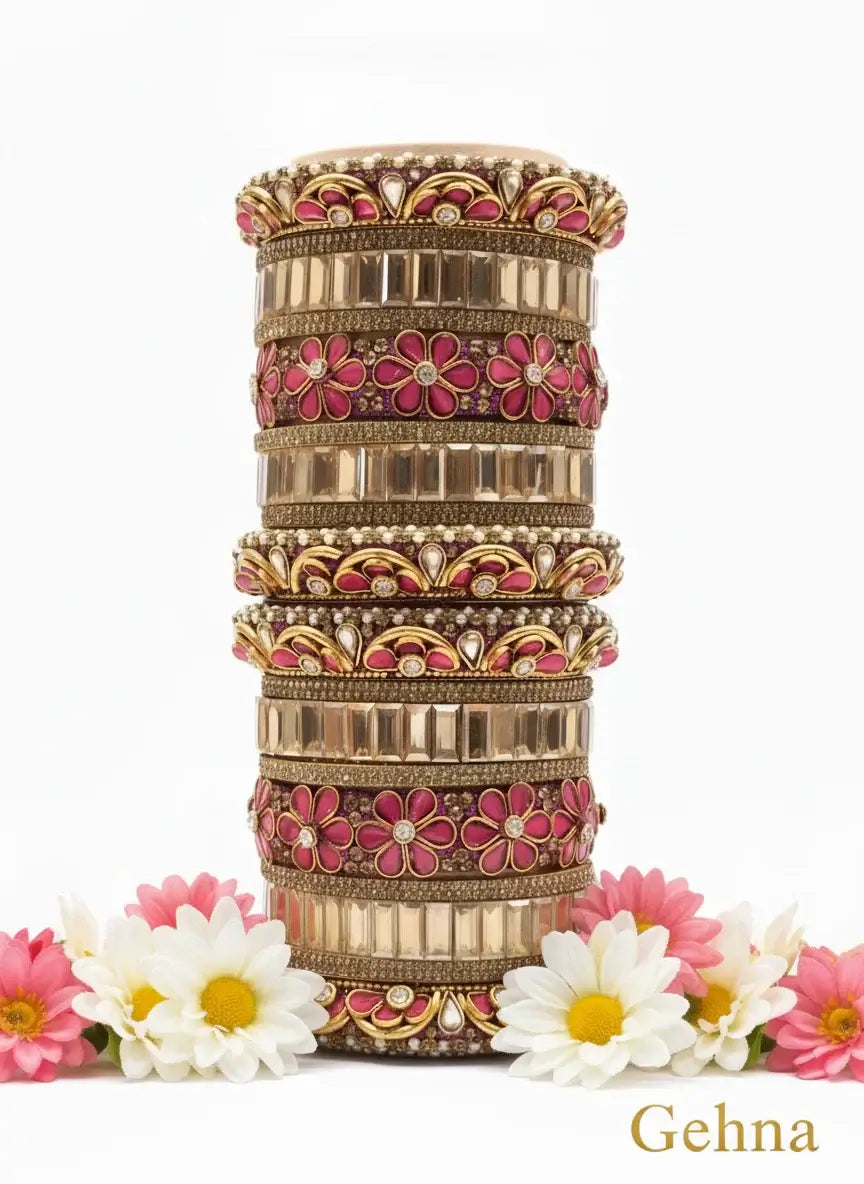 dark pink & gold bridal floral bangles – premium ethnic jewellery set featuring vibrant floral motifs and golden detailing.
