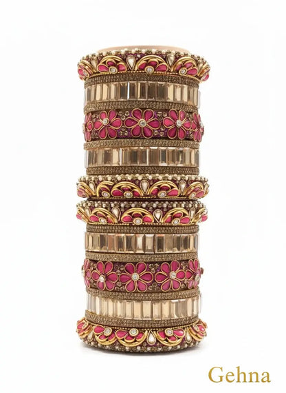 Dark Pink & Gold Bridal Floral Bangles – Premium Ethnic Jewellery Set showcasing vibrant motifs and golden detailing.