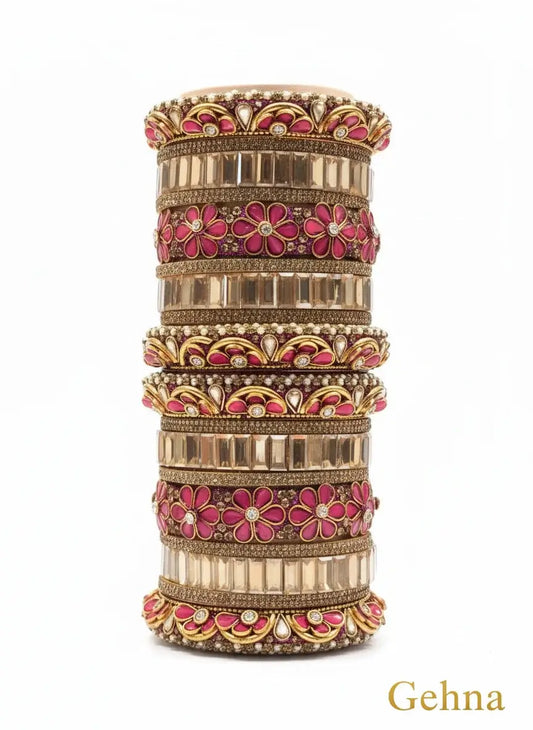 Dark Pink & Gold Bridal Floral Bangles – Premium Ethnic Jewellery Set showcasing vibrant motifs and golden detailing.
