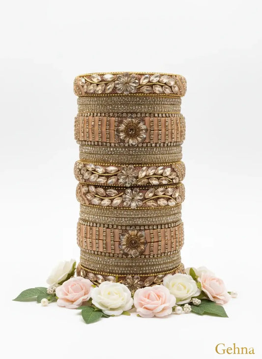 tylish Gold Plated Imitation Bangles Online | Gehna Jewellery displayed elegantly with floral accents.