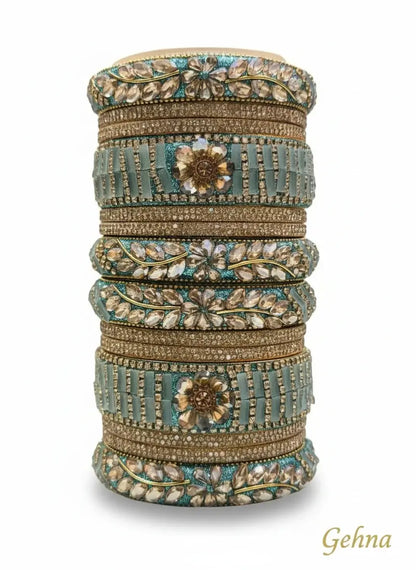 Teal Blue Floral Stone Bangles Set – Bridal & Ethnic Party Wear Jewelry featuring intricate floral motifs and sparkling details.