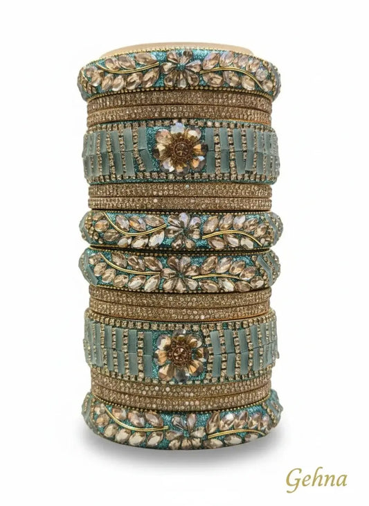 Teal Blue Floral Stone Bangles Set – Bridal & Ethnic Party Wear Jewelry featuring intricate floral motifs and sparkling details.