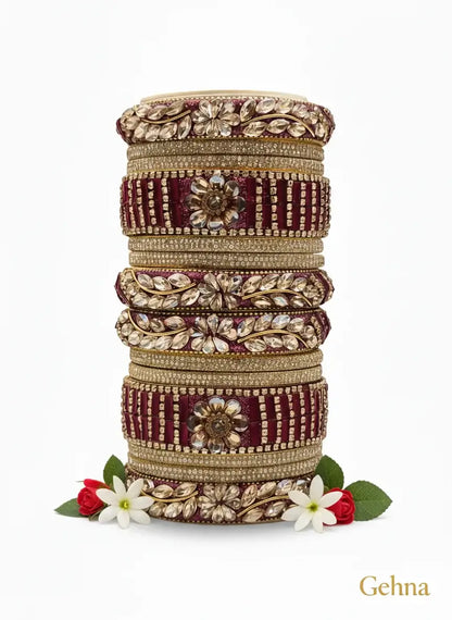 Maroon Golden Floral Stone Bangles Set – Bridal & Traditional Party Jewelry stacked elegantly with floral motifs.