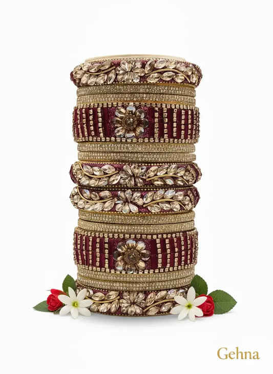 Maroon Golden Floral Stone Bangles Set – Bridal & Traditional Party Jewelry stacked elegantly with floral motifs.