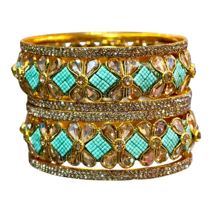 Exquisite Green Designer Bangles with Stonework – Elegant Floral Design for Special Occasions