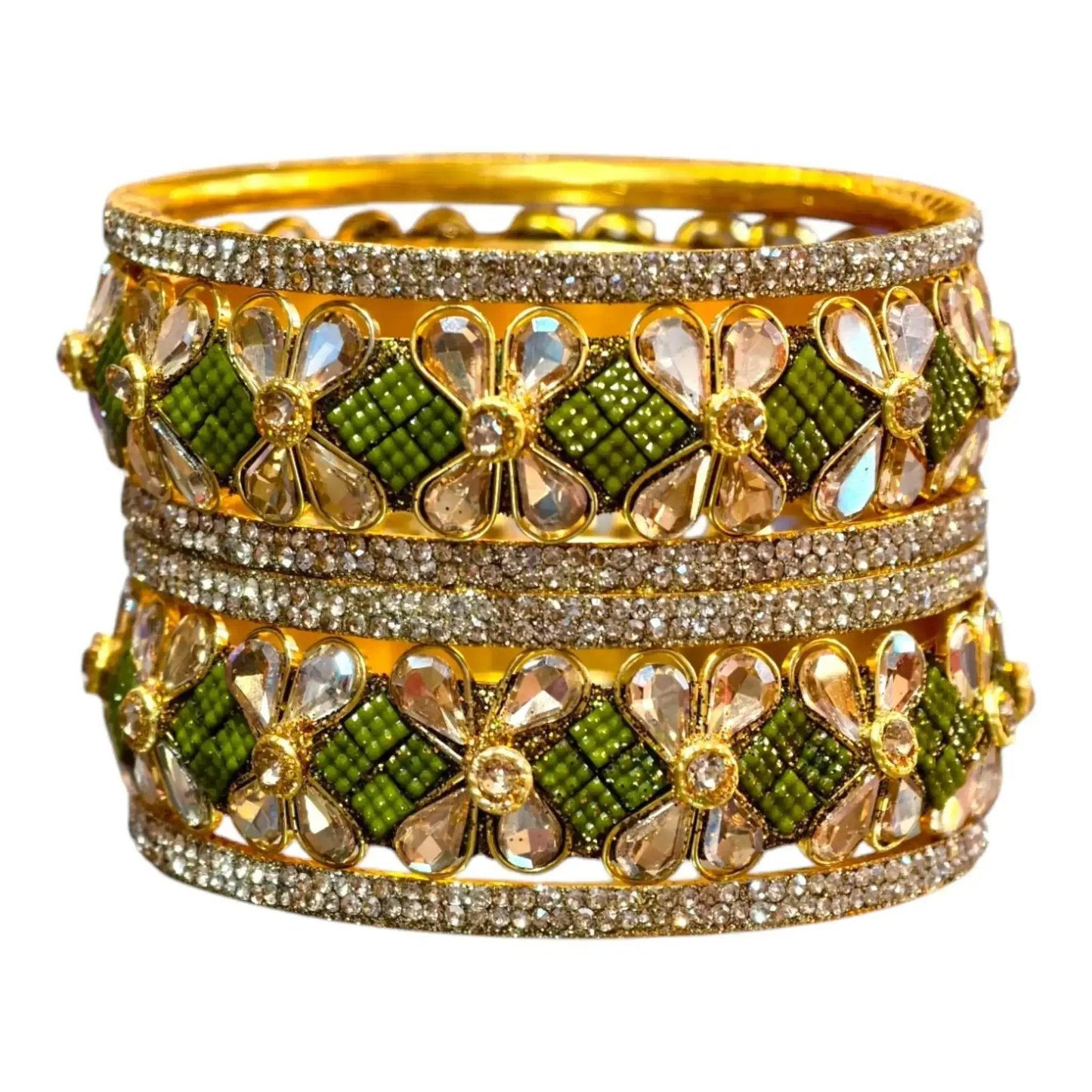 exquisite green designer bangles with stonework – elegant floral design for special occasions