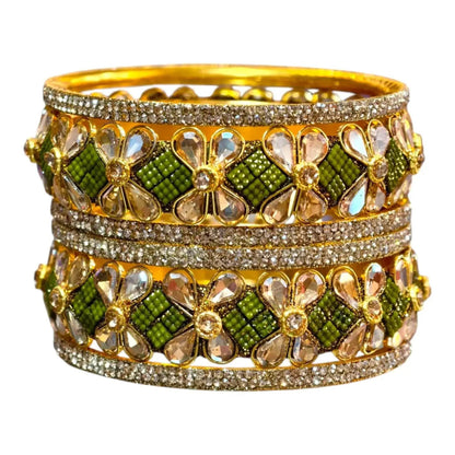 Exquisite Green Designer Bangles with Stonework – Elegant Floral Design for Special Occasions
