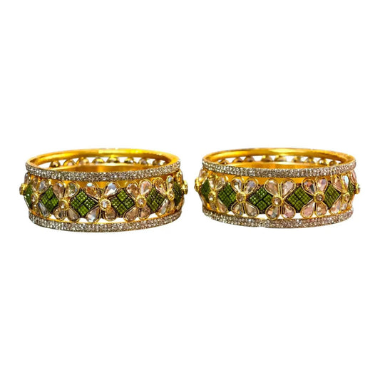 Exquisite Green Designer Bangles with Stonework – Elegant Floral Design for Special Occasions
