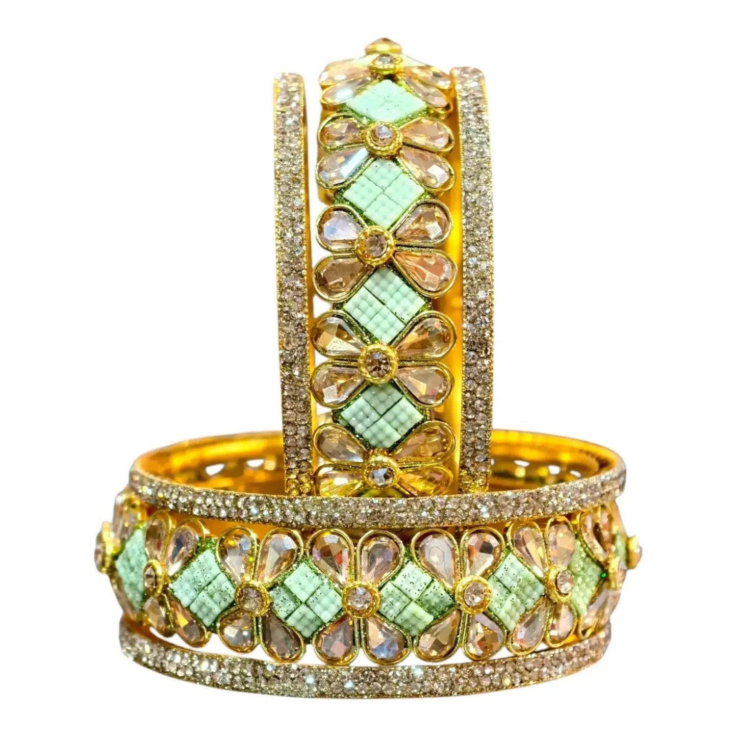 exquisite green designer bangles with stonework – elegant floral design for special occasions