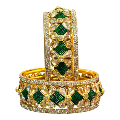 Exquisite Green Designer Bangles with Stonework – Elegant Floral Design for Special Occasions