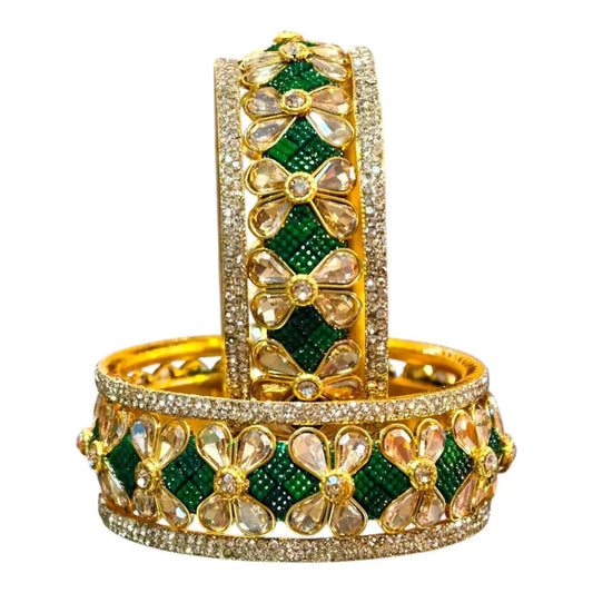 Exquisite Green Designer Bangles with Stonework – Elegant Floral Design for Special Occasions