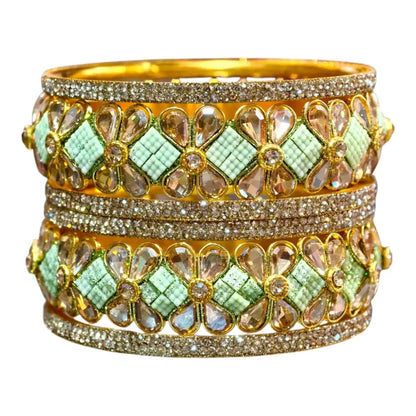 Exquisite Green Designer Bangles with Stonework – Elegant Floral Design for Special Occasions